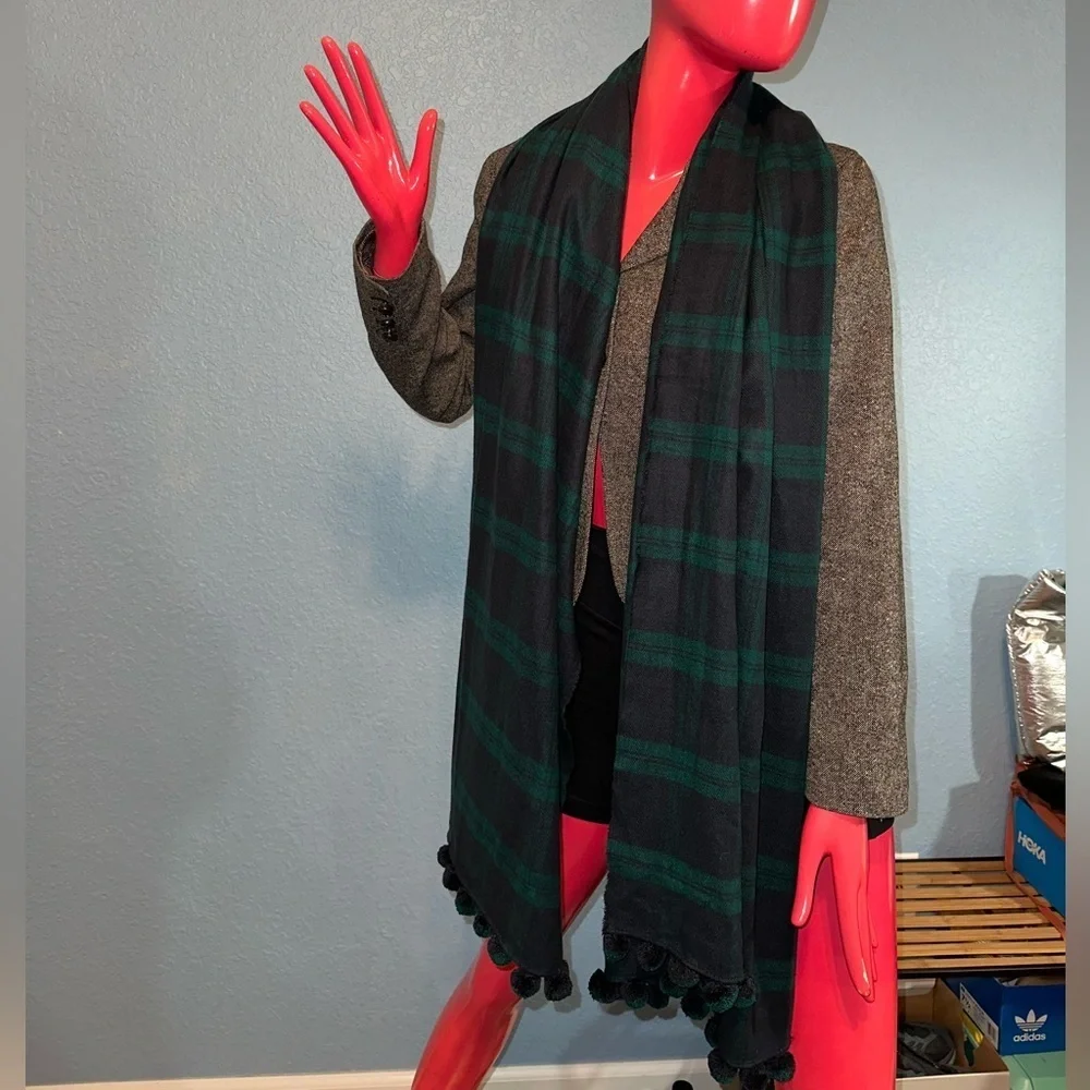 J. Crew Plaid Pom Pom Scarf